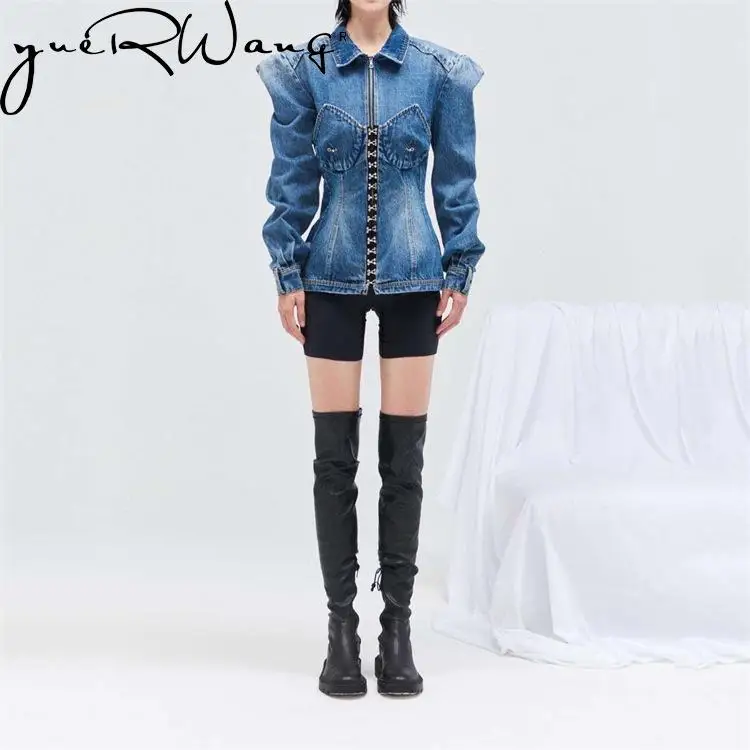 

Женская джинсовая куртка YUERWANG, синяя джинсовая куртка с длинным рукавом и открытой спиной, Приталенный топ на молнии с крючком, весна-осень ...