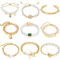vintage elegant multi layer pearl gold color chain bracelet women baroque pearl beads green zircon bracelet charm jewelry gifts