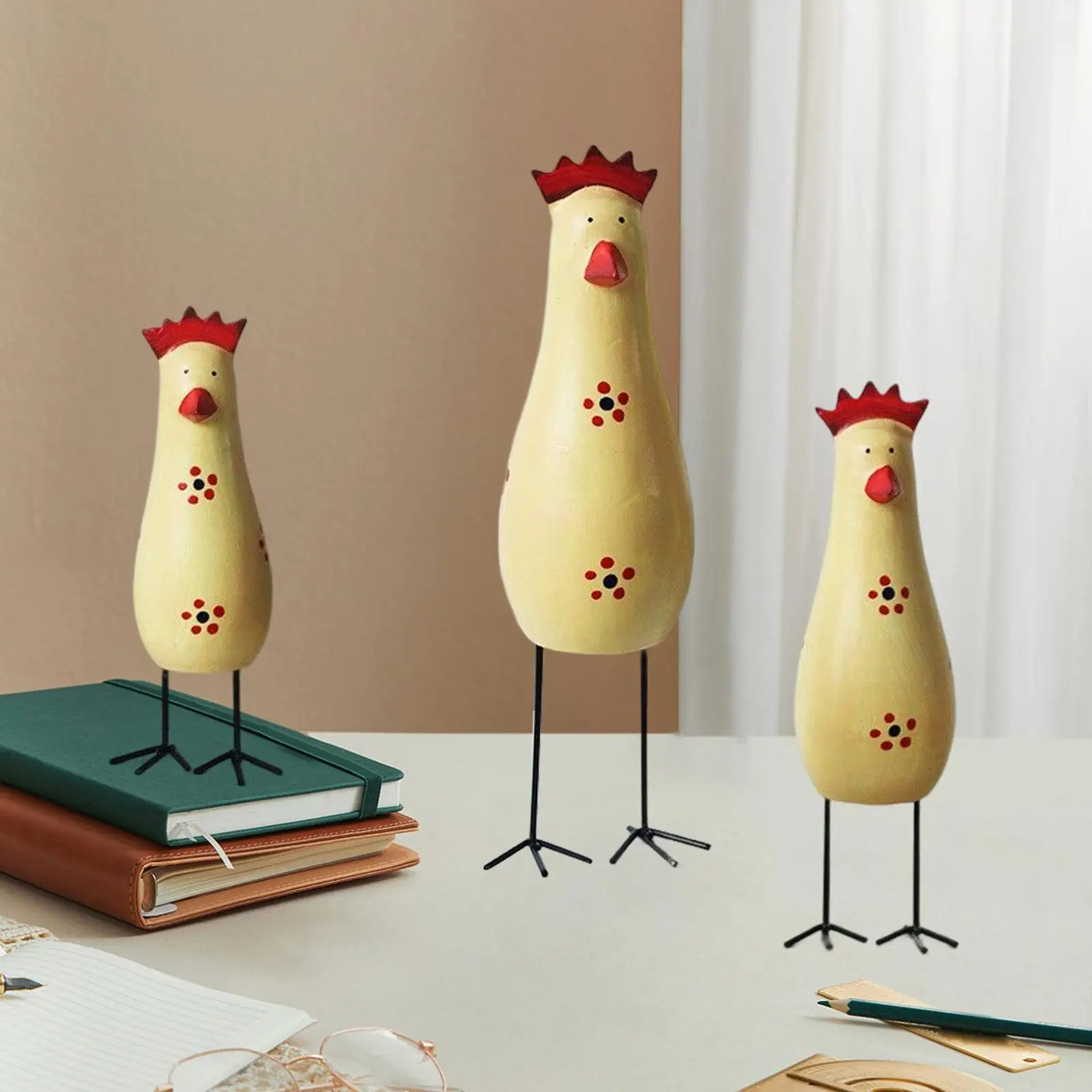 

3x Wood Carving Chicken Statues Hen Sculptures Decoration Rooster Figurines