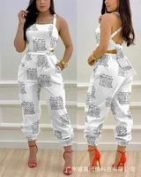 summer sexy jumpsuits women slim fit high waist print openwork jumpsuits spaghetti strap square collar backless pencil jumpsuits