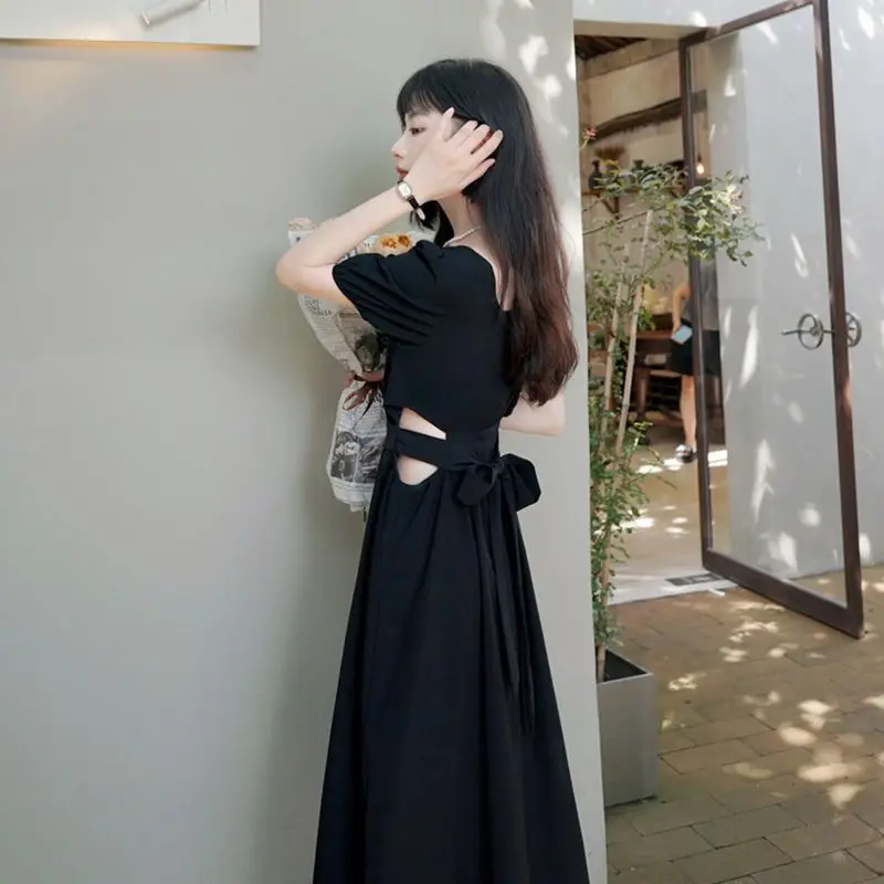 

Women Elegant Cut Out Waist Black Midi Dress Summer Female Casual Square Collar Japanese Fashion Type Short Sleeve Long Dresses