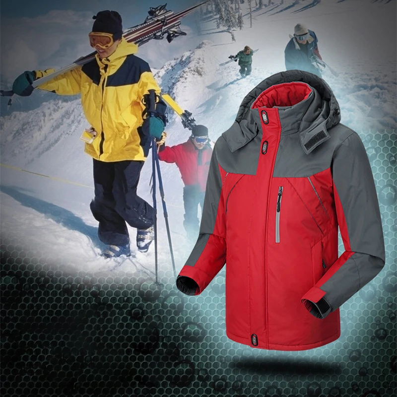 Men's Jacket Winter Thickened Warm Ski Waterproof Hooded Jacket Outdoor Camping Color Block Thick Zipper Windproof Parker Coat
