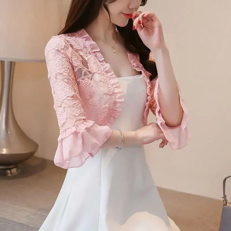 Летний солнцезащитный кружевной шифоновый кардиган с короткими рукавами