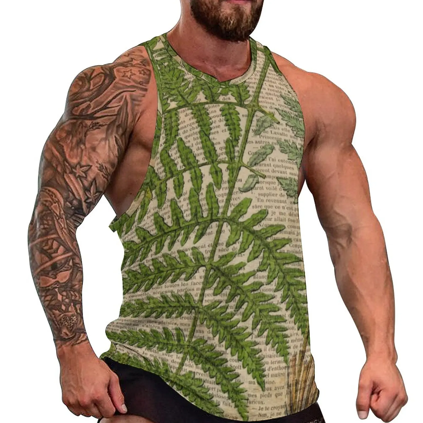 

Vintage Newspaper Tank Top Male Fern Leaves Print Gym Oversize Tops Daily Muscle Custom Sleeveless Vests