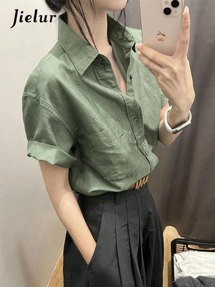 Jielur Летняя новая однотонная тонкая женская рубашка Повседневная Свободная