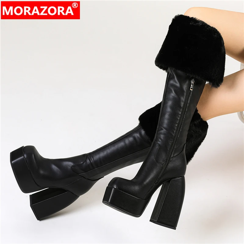 

MORAZORA Plus Size 34-43 New Winter Boots Thick Fur Warm Zipper Over The Knee Boots Platform 14.5cm High Heels Long Boots