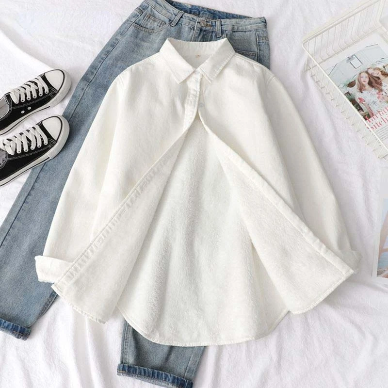 

Однотонные женские рубашки DAYIFUN, свободная одежда в японском стиле с длинным рукавом для женщин, осенне-зимняя женская бархатная Повседневн...