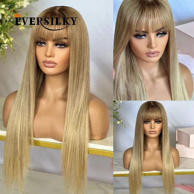 Brazilian Ombre Brown Roots Light Ash Blonde Human Hair Wigs for Women Glueless 13x6 Transparent Fringe Lace Front Wigs Bangs
