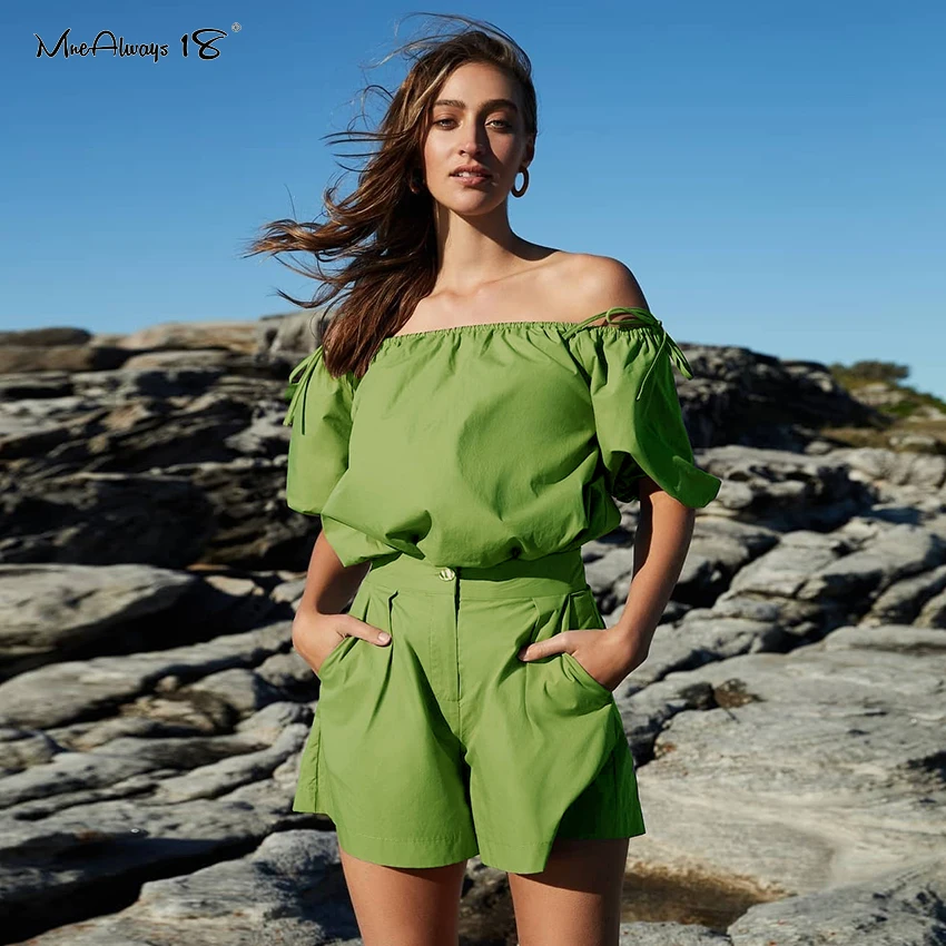 

Женские Зеленые комплекты Mnealways18 с открытыми плечами, новая летняя одежда из 2 предметов, туника, топ и шорты с широкими штанинами, повседнев...