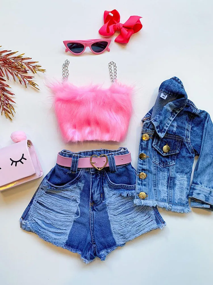 

2023 комплекты для маленьких девочек 2 шт., пушистые Топы Kwaii + детская одежда с дырками, y2k моющиеся синие джинсы, Детские комплекты