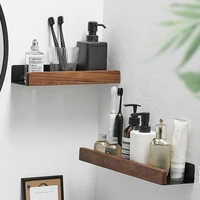 Black Bathroom Shelf Wood Aluminum Wall Mounted WC Kitchen Bathroom Shampoo Soap Holder Storage Organizer Rack 20 30 40 50 CM