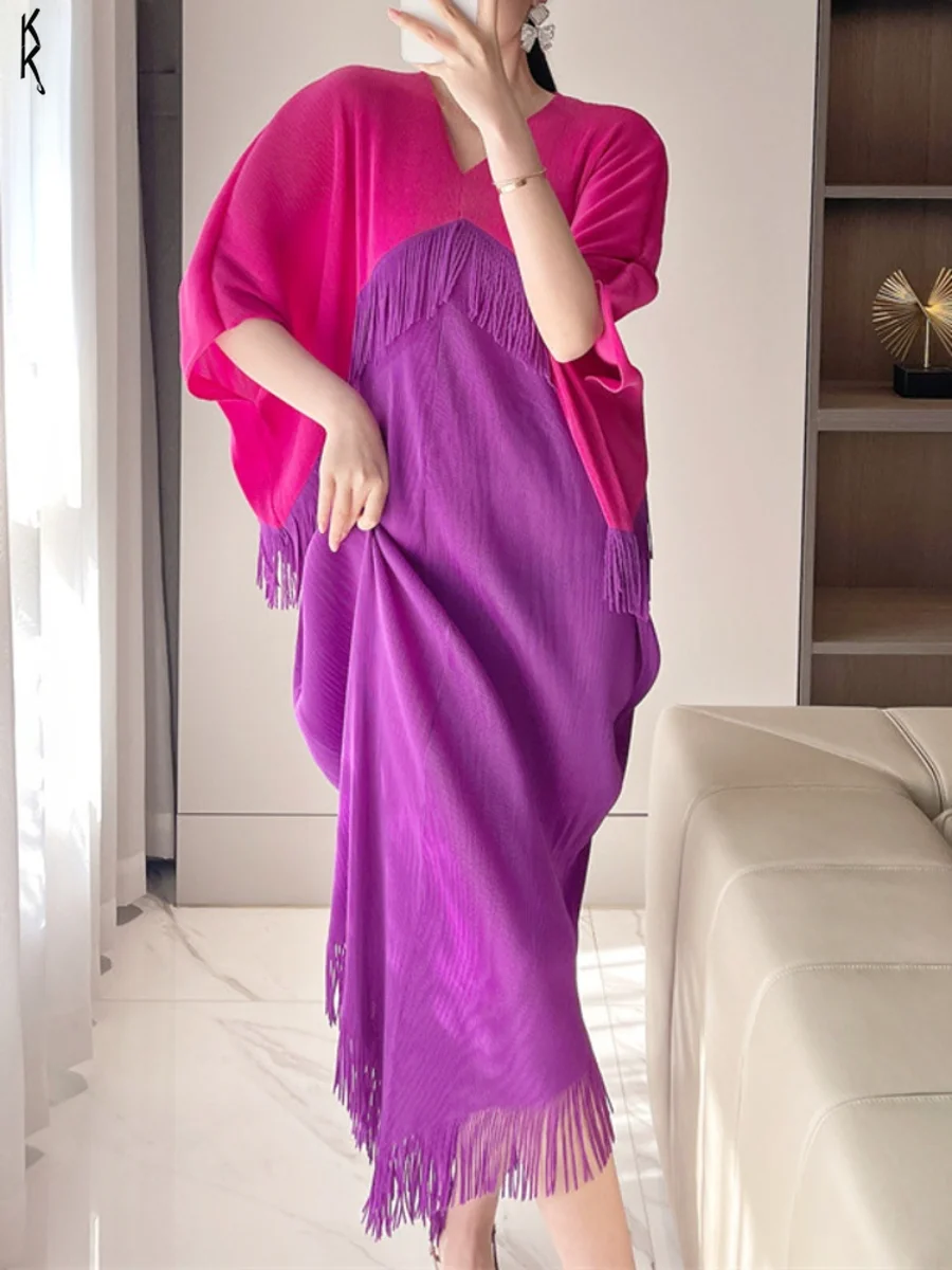 

Женское плиссированное платье миаке, Длинное Элегантное летнее платье с цветными блоками и бахромой, V-образным вырезом, 2023