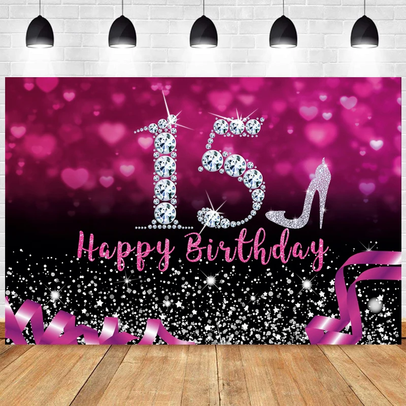 

Sweet 15th Photo Backdrop Girl Happy Birthday Party Diamond High Heel Fifteen Photography Background Banner Home Decoration Prop