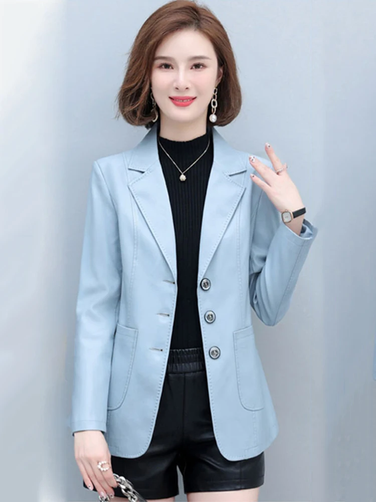 New Women Leather Blazer Spring Autumn Fashion Casual Suit Collar Long Sleeve Slim Waist Sheepskin Jacket Split Leather Coat