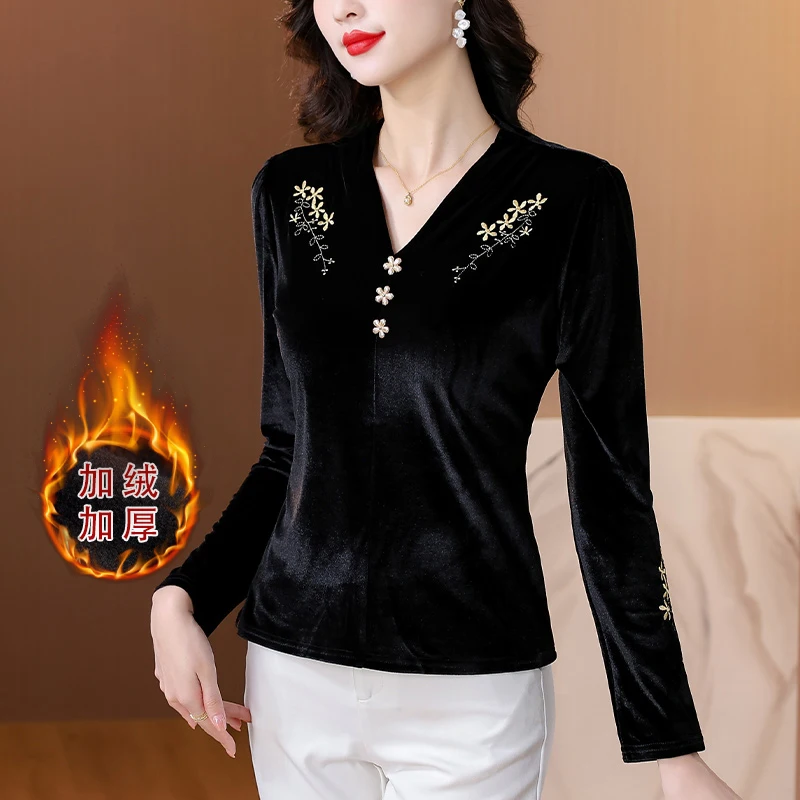 Осень/зима черная толстая бархатная рубашка женская блузка элегантный топ с