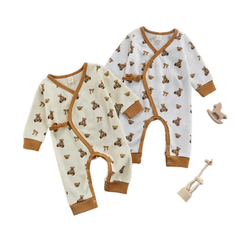 

Newborn Baby Boys V Neck Sweatshirt Romper Fall Bear Print Waistband Snap Button Long Sleeve Jumpsuit