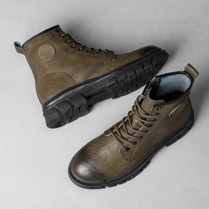 GREENGLIN-6263 New Classic Leather Men's Hiking Shoes Tie Up Men's Martin Zipper Casual Fashion Versatile Fashion Shoes