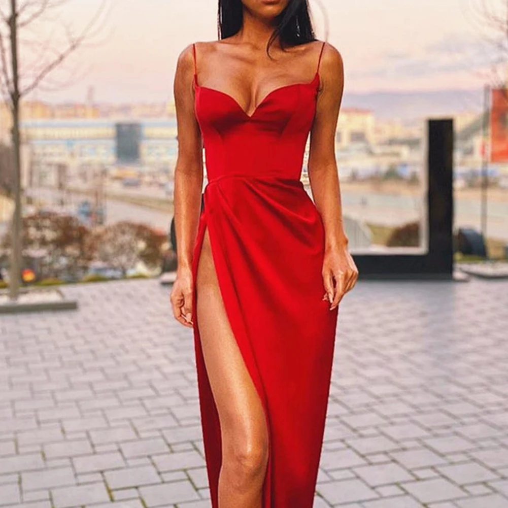 

Women Sexy Solid Color High Slit Peach Heart Collar Slim Folds Hem High Slit Suspender Bodycon Y2K Party Dress