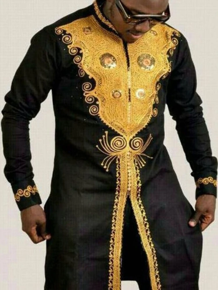 Muslim Fashion Casual Gold Print Down Split Mid Length African Plus Size Shirt Camisas Estilo Europeo Pars Hombre  Kurta 2022