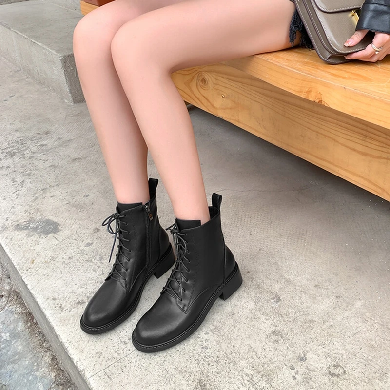 NEW Fall Shoes Women Split Leather Boots Round Toe Chunky Heel Women Boots Winter Solid Lace-up Ankle Boots Western Boots Women