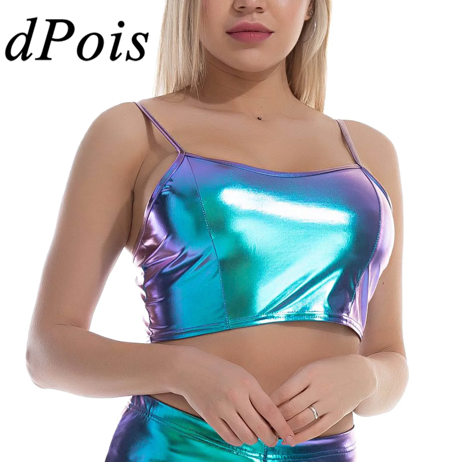 

Pole Dancing Tops Women Metallic Shiny Sleeveless Crop Top Spaghetti Strap Camisole Femme Sexy Clubwear Fashion Glossy Vest Top