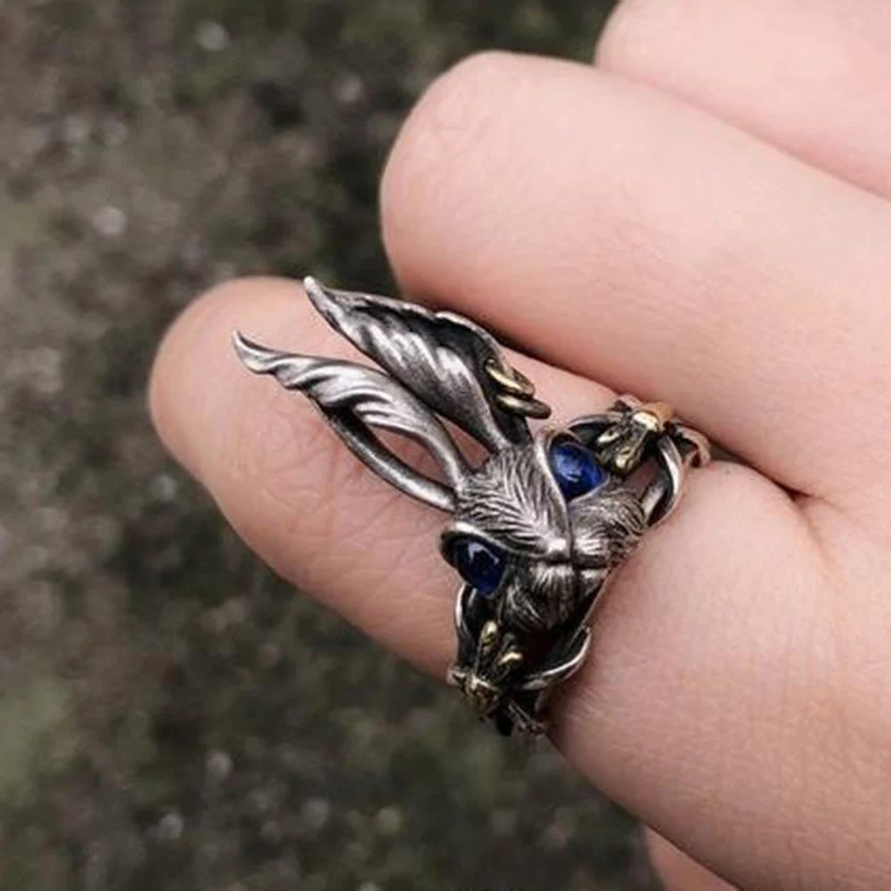

2023 Easter Bunny Lucky Ring Sapphire Eyes Rabbit Gothic Ancient Silver Color Adjustable Size Rings Fashion Jewelry