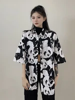 diablo lazy harajuku streetwear vintage panda printing design shirt single breasted short sleeve safari style cool blouses shirt