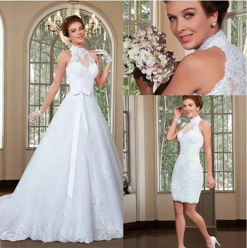 

Fabulous Tulle Halter 2 in 1 Wedding Dresses With Detachable Train Beaded Lace Appliques Bridal Dress For Wedding