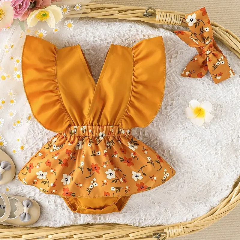 

Baywell/платье-боди с цветочным рисунком для маленьких девочек; Летний комбинезон с рукавами-крылышками; Головная повязка для новорожденных; Комплект из 2 предметов для маленьких девочек