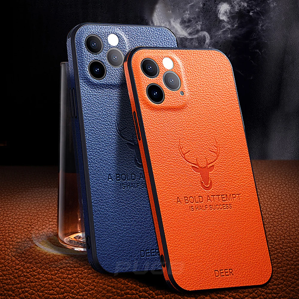 Luxury Leather Texture Case for iPhone 14 Plus 13 12 11 Pro Max Mini XR XS Deer Shockproof Square Frame Camera Protective Cover