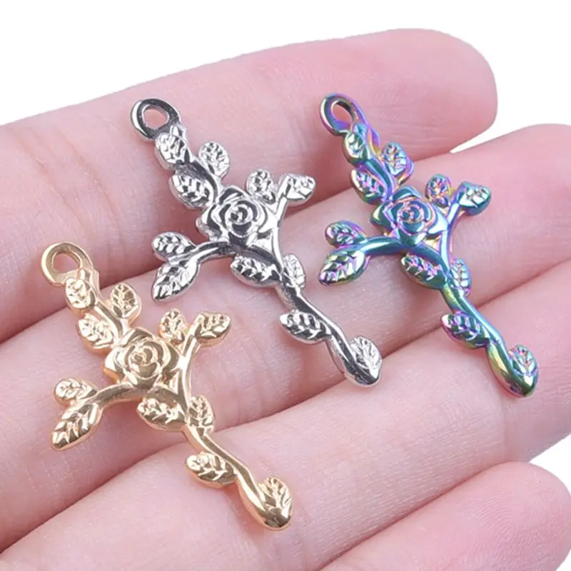 

Stainless Steel Vintage Rose Flowers Cross Pendant Charms Accessories Three Color Making diy Necklace Amulet Craft Jewelry,5PCS