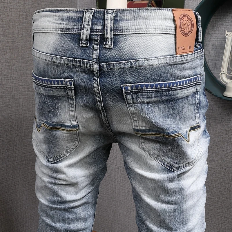 Fashion Designer Mens Jeans Retro Light Blue Stretch Slim Fit Printed Ripped Hole Denim Trousers Vintage Casual Pants Hombre