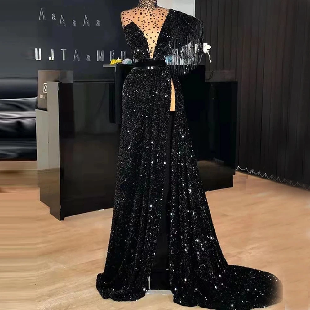 

Shinny Black Sequins With Crystal High Neck Cocktail Dresses WithTassel Cap Sleeves Prom Evening Gown Slit vestidos de fiesta