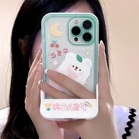 cute peach bear holder stand transparent phone case for iphone 13 12 pro max 11 7 8plus x xs max xr invisible bracket soft cover