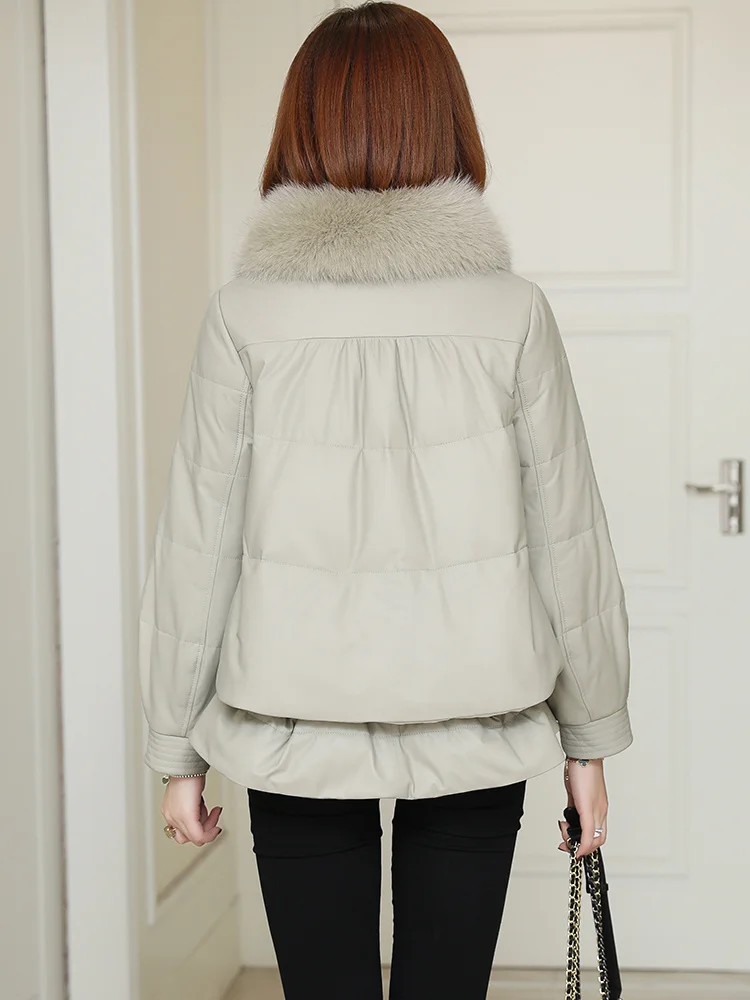

2023Leather jacket,Real Leather Jacket 90% White Duck Down Women's Down Jacket Warm Fox Fur Collar Coat Female Autumn Winter Cou