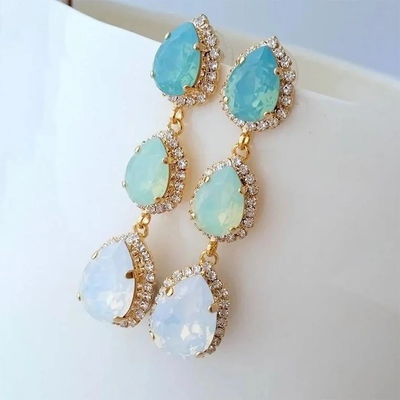 

New Trendy Gradient Green Water Drop Shape Synthetic Opal Drop Earrings For Women Long Dangle Female Jewelry Birthday Party Gift