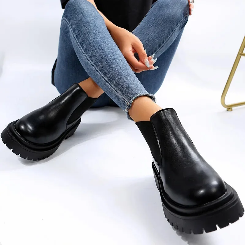 

Chelsea Boots for Women 2023 PU Leather Ankle Booties Woman Punk Thick Bottom Slip on Combat Boots Black Chunky Platform Botas