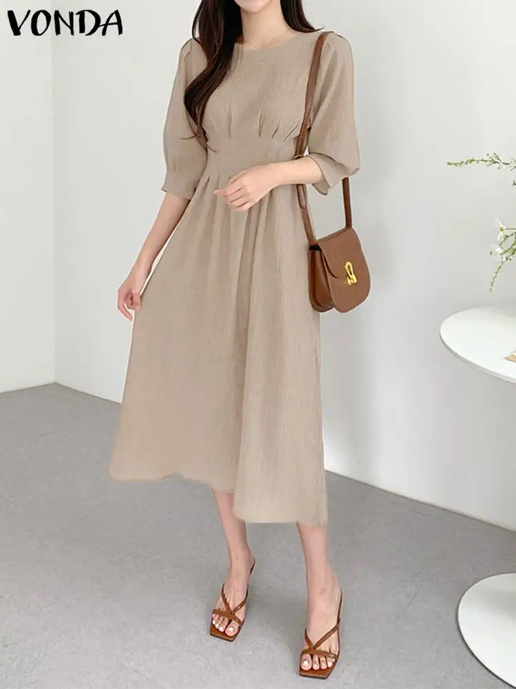 

Женское платье-миди с круглым вырезом, рукавом-фонариком