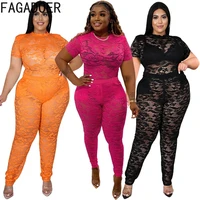 fagadoer sexy mesh plus size two piece women hollow out short sleeve top and sknny pants outfits female nightclub matching suits