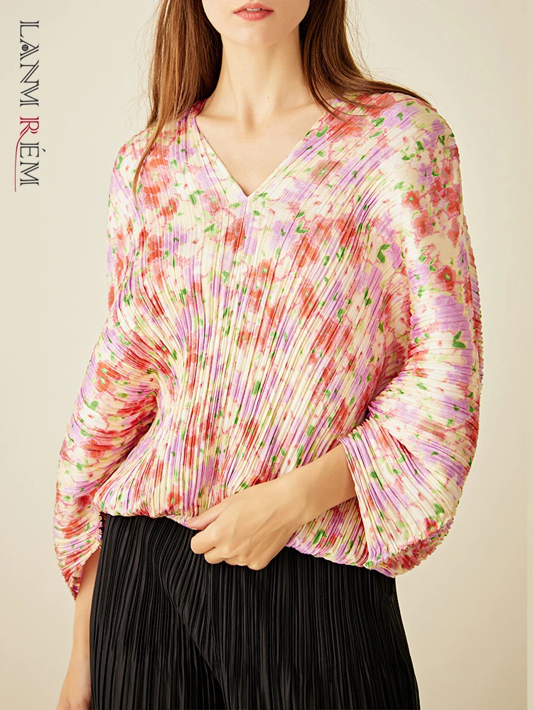 

LANMREM Floral Printing Pleated Blousers For Women V Neck Batwing Sleeve Slim Elegant Top 2023 New Spring Fashion Clothes 2Q1428