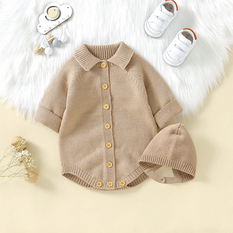 

Baby Bodysuits Clothes Fashion Turtle Neck Long Sleeves Knitted Newborn Boys Girls Solid Onesie Hats Outfits Sets 0-18m Costumes