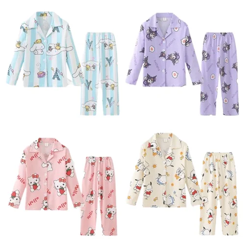 

Новинка Kawaii Sanrios детские пижамы Аниме Kuromi Cinnamoroll понравико весна осень для мальчиков девочек молочный шелк одежда для сна домашняя одежда
