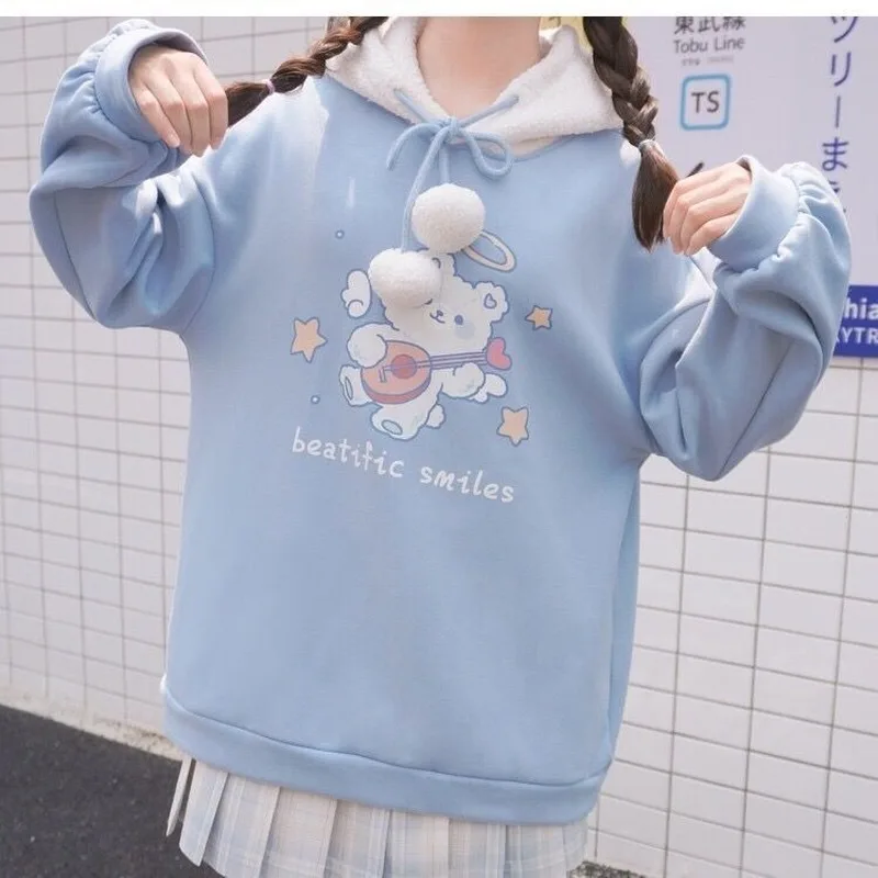 

Kawaii Hoodies Winter 2022 Cute Ears Pullover Women Long Sleeve Bear Print Sweatshirt Oversized Warm School Clothes