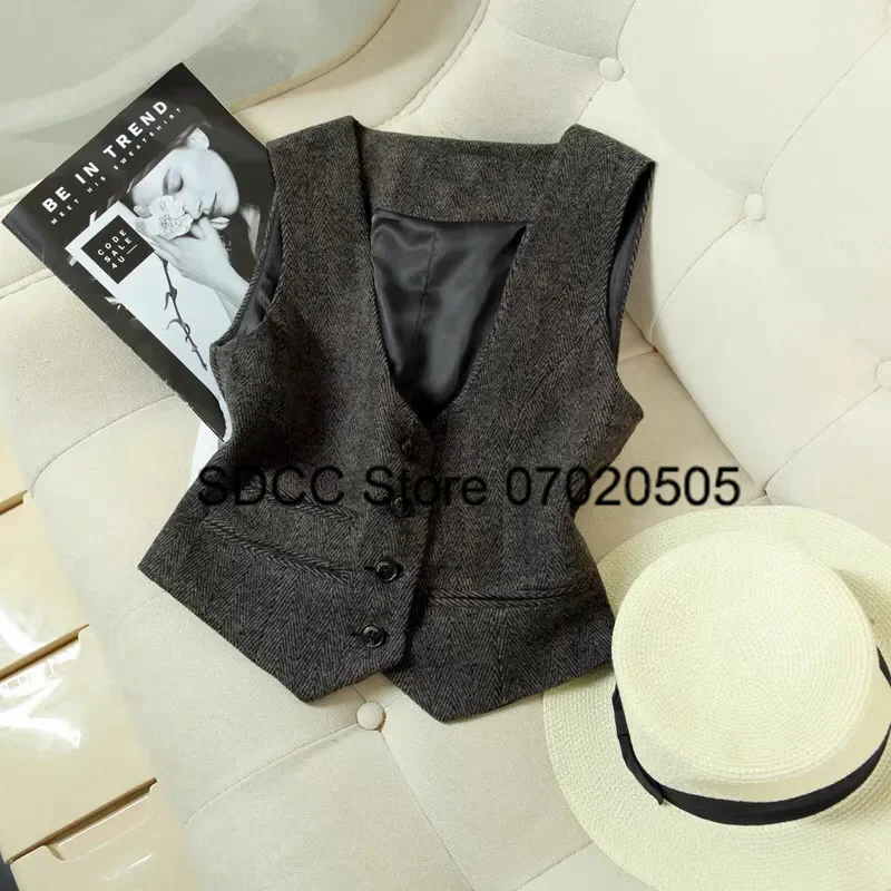 

Herringbone Women's Suit Vest Single Breasted V-Neck Wool Sleeveless Jacket Casual Commuting Lady Waistcoat