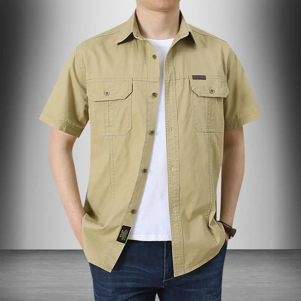 

40%HOT Men Shirt Solid Color Lapel Single-breasted Casual Cargo Shirt for Daily Wear