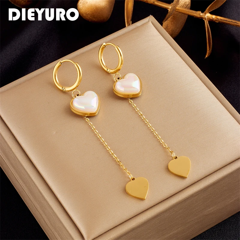 Фото Женские длинные серьги-кисточки DIEYURO из нержавеющей стали 316L в форме сердца с жемчугом, новые трендовые серьги-пряжки для девочек, ювелирные... №1
