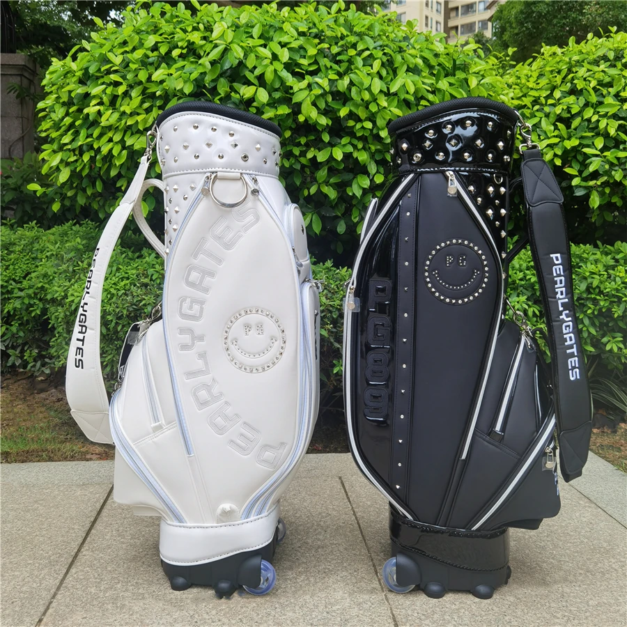 2022 New PG Rivet smiley Golf Bag white and black PU waterproof golf bag with pulley trolley golf bag the fashion bag