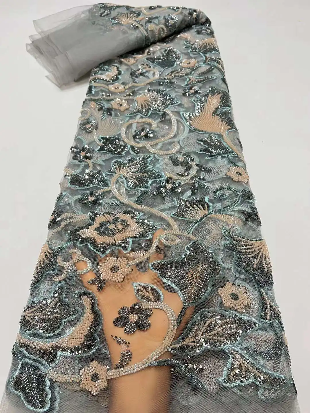 Роскошное Свадебное платье с 3D бисером кружевная ткань хрустальные бусины 5