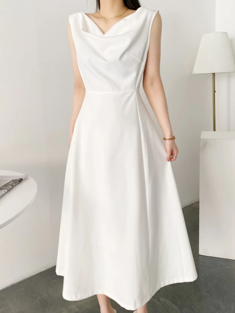 

Women's Spring Summer Elegant Sexy Midi Black Dress Sleeveless Casual A-Line Party White Vestidos Female Fashion Outwear Clothes