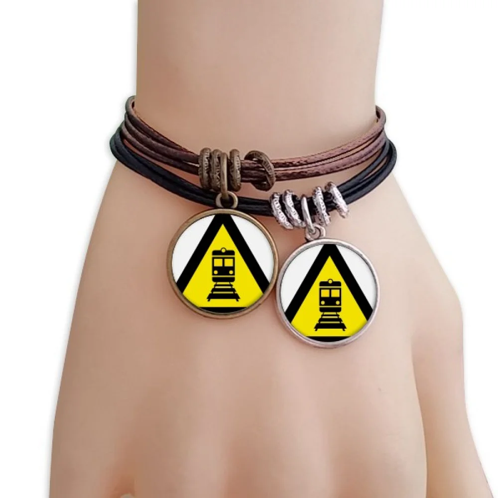 

Warning Symbol Yellow Black Train Triangle Bracelet Double Leather Rope Wristband Couple Set
